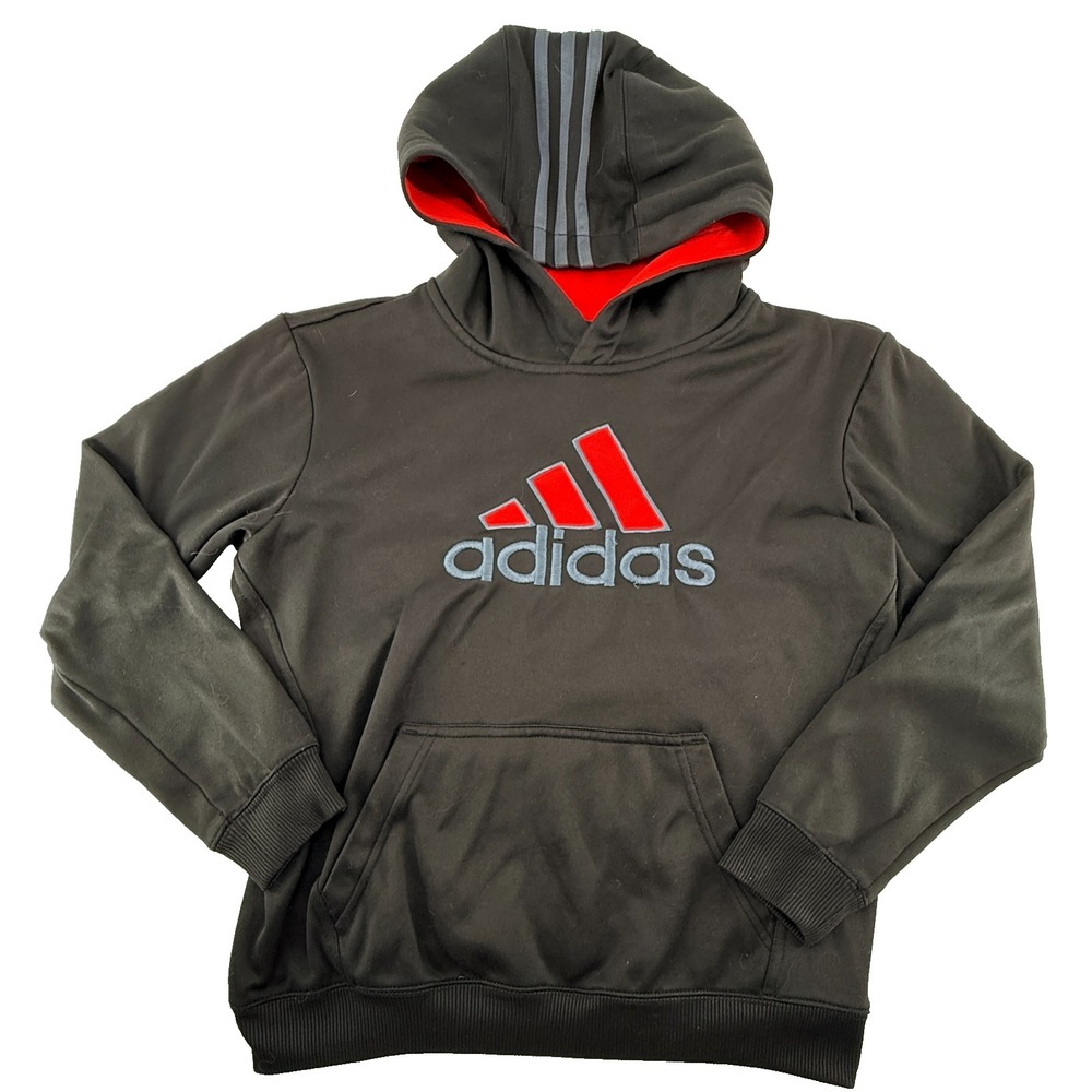 Adidas Youth Medium Hoodie Black Red Logo Pullover Sweatshirt Kids